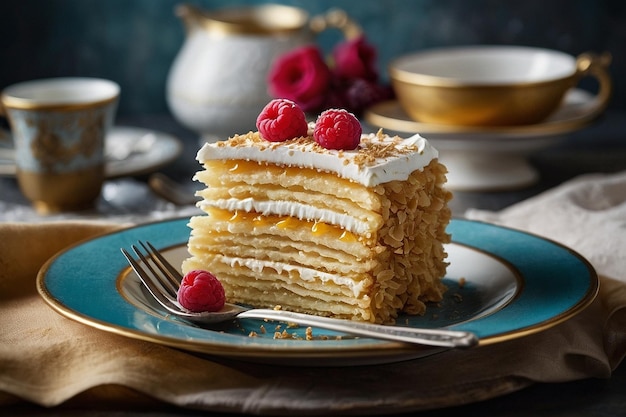 El pastel de Napoleón exhibido con elegantes tenedores de postre