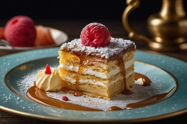 Foto el pastel de napoleón servido con una cuchara de helado