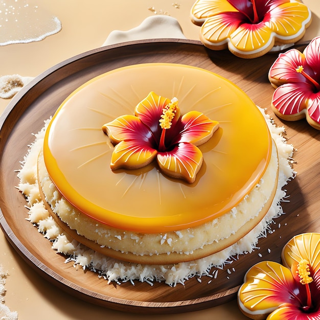 pastel de naranja decorado con flor de hibisco