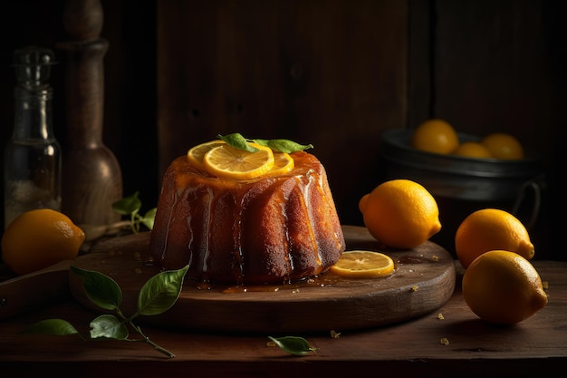 Un pastel con naranjas y limones sobre una mesa de madera.