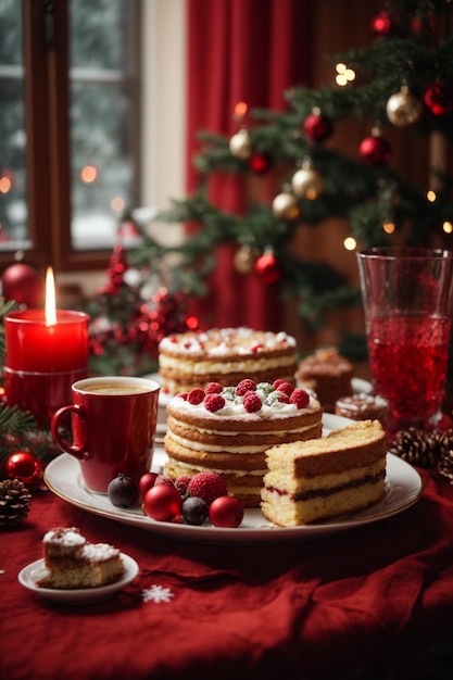 Pastel de Navidad con bayas y una taza de café en el fondo del árbol de Navidad