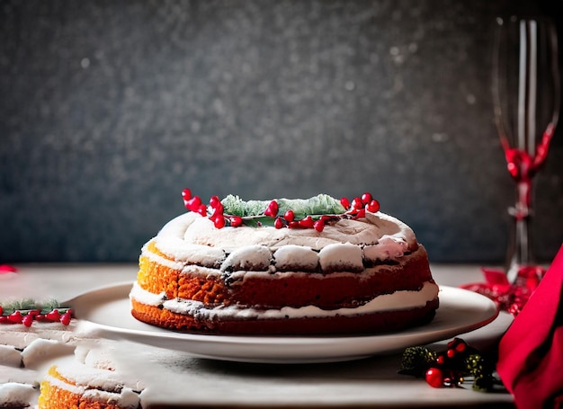 Pastel de Navidad en la mesa y espacio para copiar