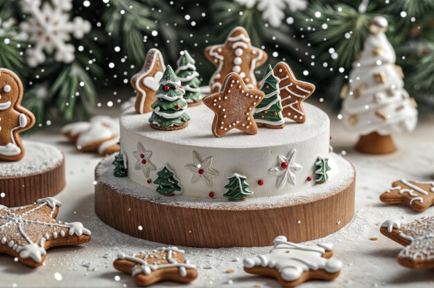 Pastel de Navidad con pan de jengibre y copos de nieve en un fondo de madera