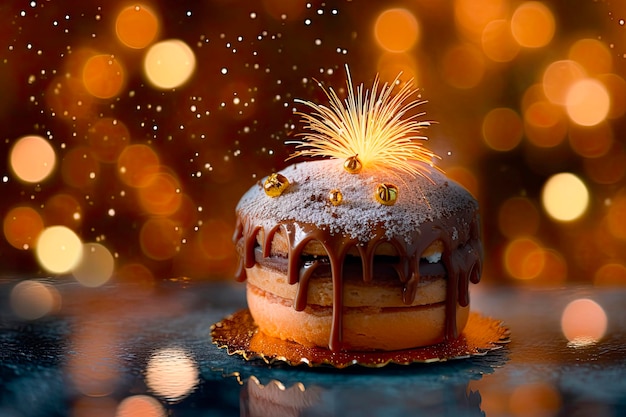 Pastel de Navidad con una vela encendida sobre un fondo de bokeh IA generativa