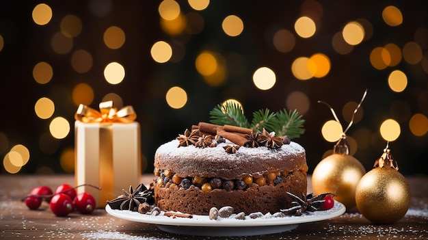 un pastel navideño con una decoración dorada en la parte superior.