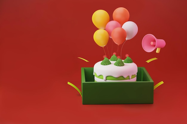 Pastel de nieve blanca en la caja de regalo verde con globos de colores y decoración de megáfono Navidad 3d