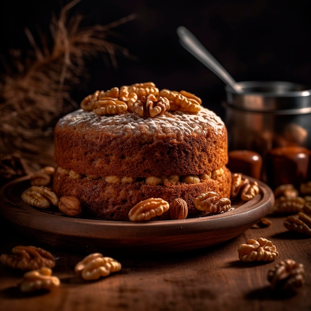 Un pastel con nueces encima y una taza de café al fondo.