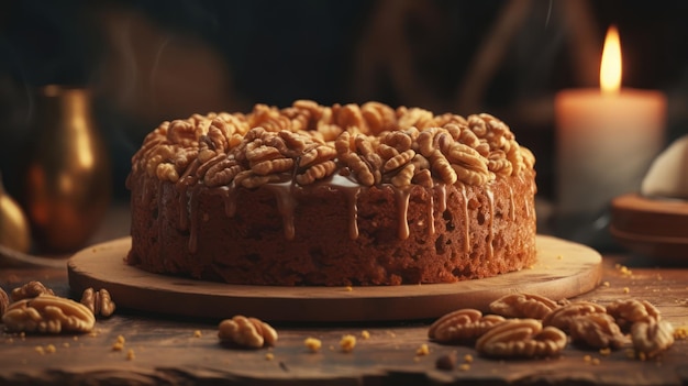 Un pastel con nueces y un plato con nueces