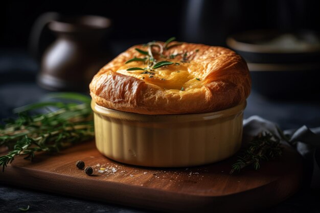 Un pastel de olla con una ramita de romero encima.