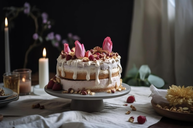Un pastel con orejas de conejo y un pastel blanco con glaseado rosa y una vela al fondo.