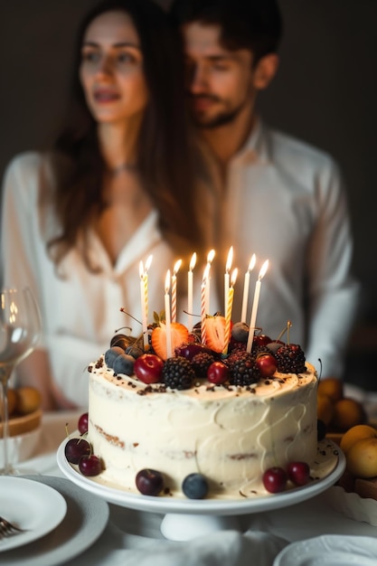 un pastel con la palabra cumpleaños en él y un hombre en el fondo