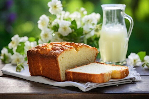 Pastel de pan dulce de verano en una mesa con flores y una bebida en vasos