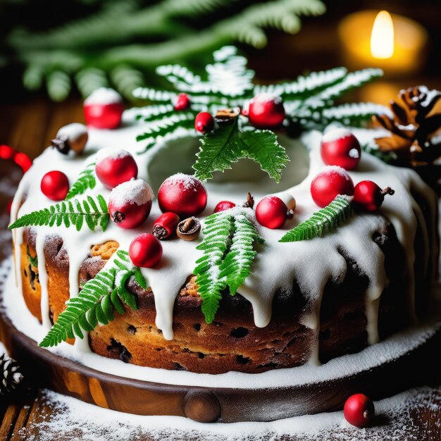 Foto pastel de pan de jengibre para navidad con lingonberry y decoraciones navideñas sobre un fondo blanco de lana