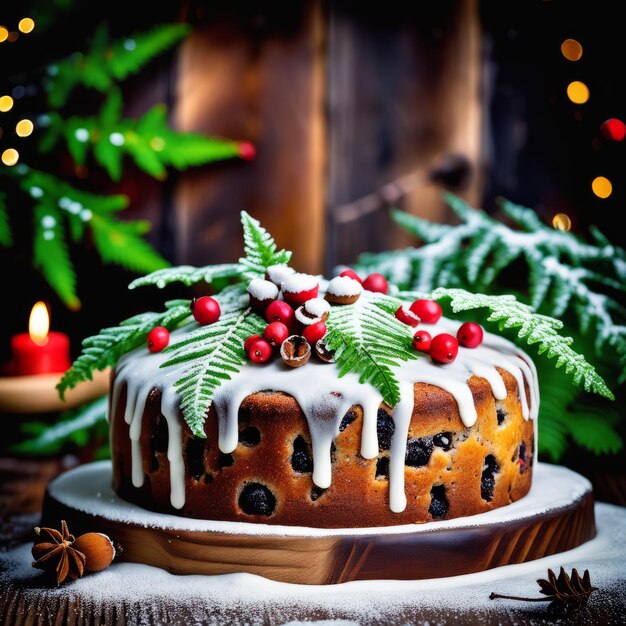 Pastel de pan de jengibre para Navidad con lingonberry y decoraciones navideñas sobre fondo blanco