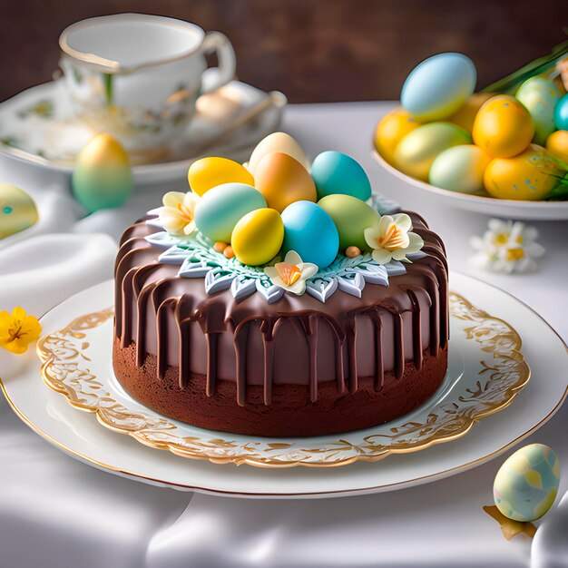 pastel de Pascua de chocolate en la mesa