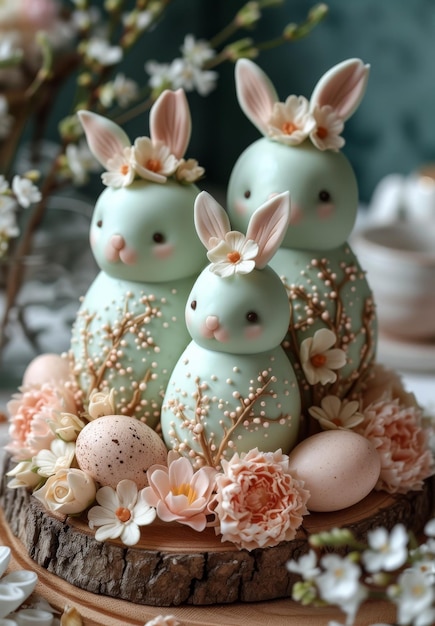 Pastel de Pascua y conejitos sobre fondo de madera