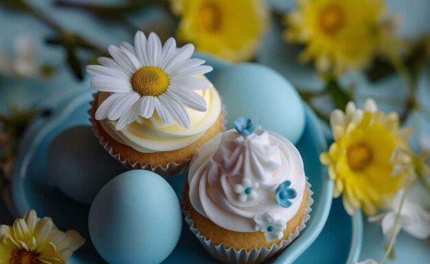 pastel de Pascua con huevos y flores pastel de pascua con huevo y flores cupcakes en un plato