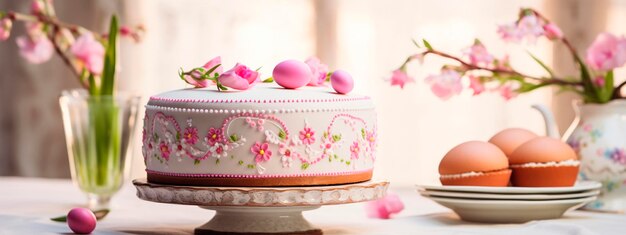 Foto pastel de pascua y pinturas en la mesa foco selectivo alimentos