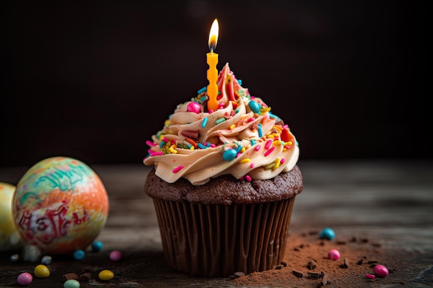 Pastel de Pascua con vela ardiente y huevos de chocolate sobre fondo de madera Un pastel de cumpleaños feliz con tantas coberturas dulces y velas AI generado