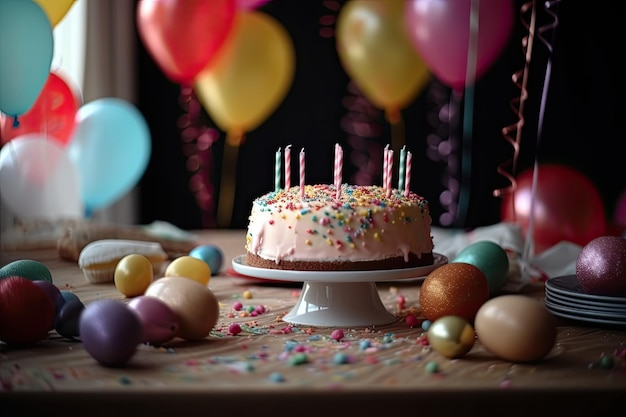 Pastel de Pascua con velas y huevos de colores en el primer plano de la mesa de madera Globos de fiesta de cumpleaños coloridos con confeti y pastel Generado por IA