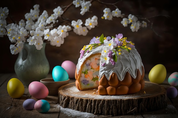 Un pastel con un pastel de cangrejo dentro y un árbol florecido al fondo.