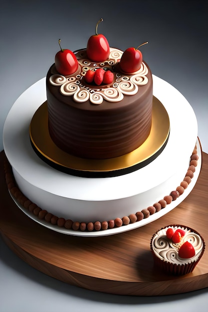 Un pastel con un pastel de chocolate con una pequeña magdalena en el medio.
