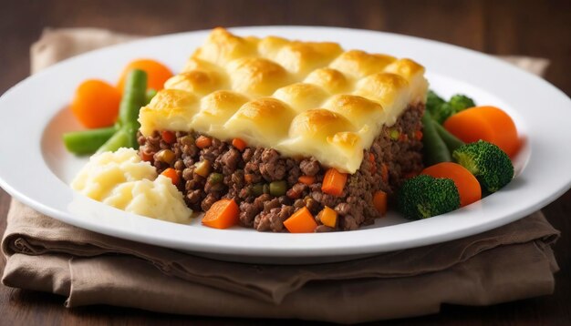 Foto pastel de pastores con puré de patatas al horno y carne molida con verduras