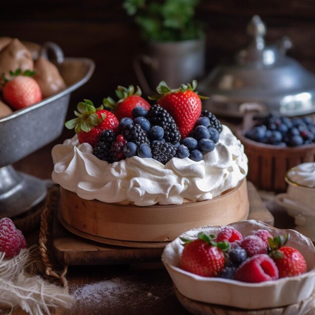 Pastel Pavlova con crema y bayas frescas sobre un fondo de madera