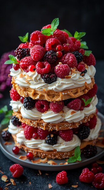 pastel de pavlova hecho en casa con bayas frescas