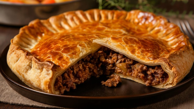 Foto un pastel con un pedazo de carne en él se sienta en un plato