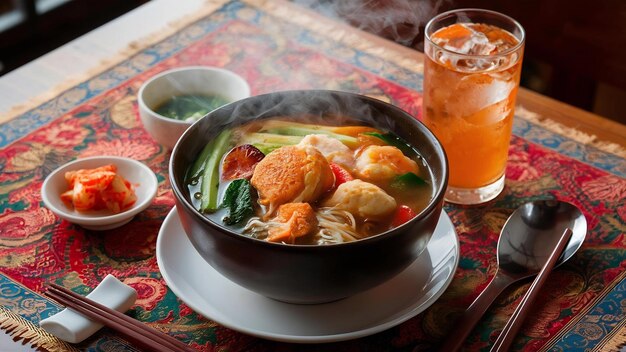 Pastel de pescado coreano y sopa de verduras en la mesa