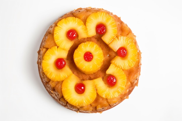 Un pastel de piña al revés con una cereza encima