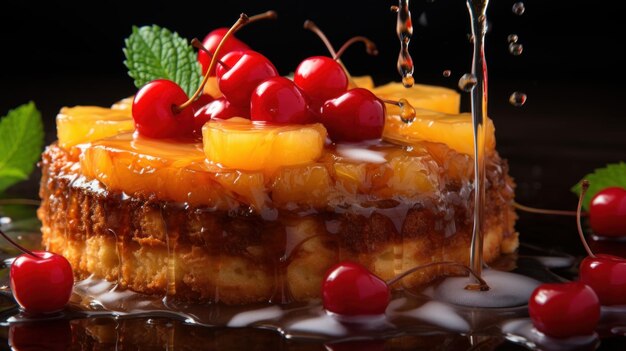 Pastel de piña al revés deliciosos dulces de fotografía gourmet que caen desde arriba