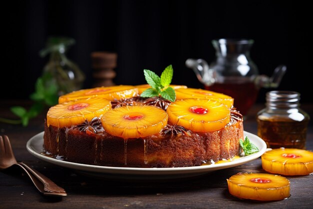 Pastel de piña al revés en una mesa de madera rústica