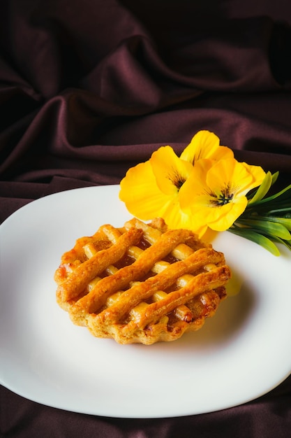 Pastel de piña casero en un plato blanco con pan mexicano de panadería gourmet de fondo negro