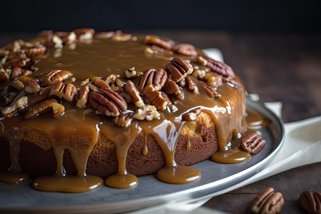 Pastel de plátano caramelizado con sirope de caramelo salado y topping de nuez