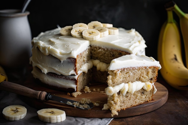 Pastel de plátano con glaseado de queso crema y rodajas de plátano fresco encima