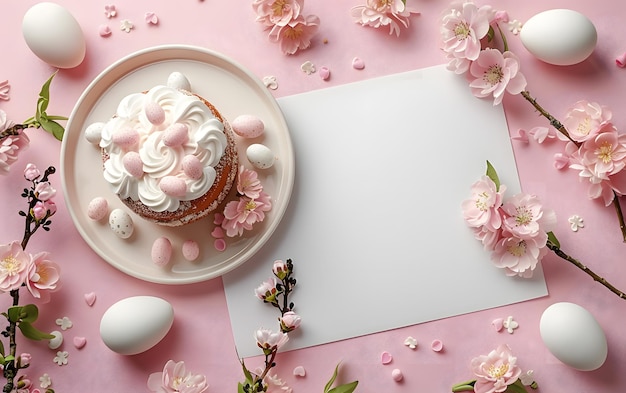 Un pastel en un platillo con flores y huevos en un fondo rosa