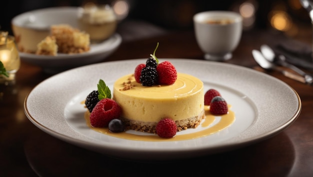 Pastel de postre con estrellas Michelin con bayas en un restaurante de alta calidad fotografía cinematográfica de comida