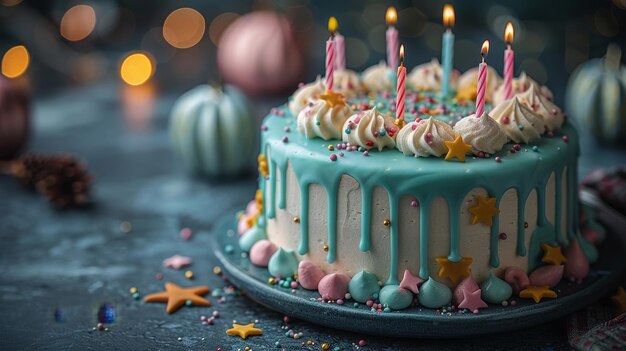 El pastel presenta cubiertas de estrellas de ganache y velas divertidas sobre un fondo azul oscuro