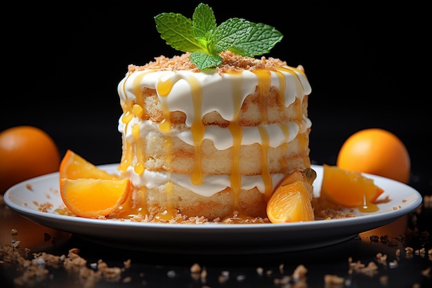 pastel de pudín de naranja con yogur y pastel de queso en una mesa de madera