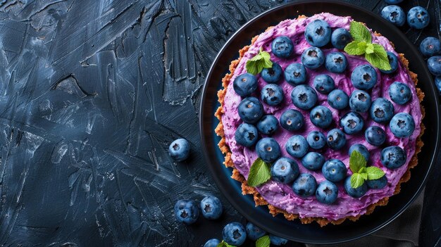 Foto pastel de queso de arándano adornado con arándano fresco y hojas de menta sobre un fondo oscuro