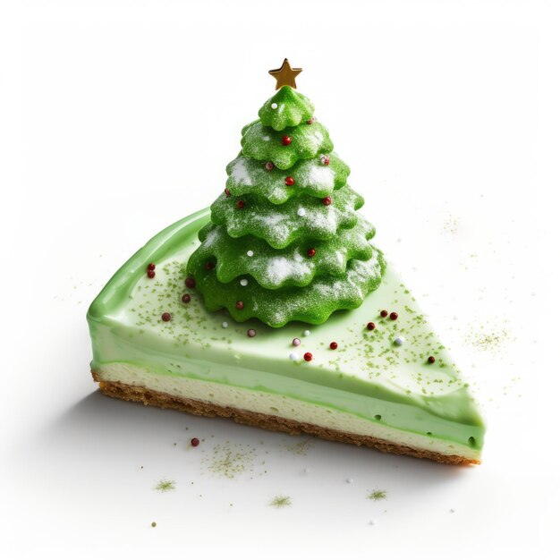 Pastel de queso de árbol de Navidad verde con decoración de nieve