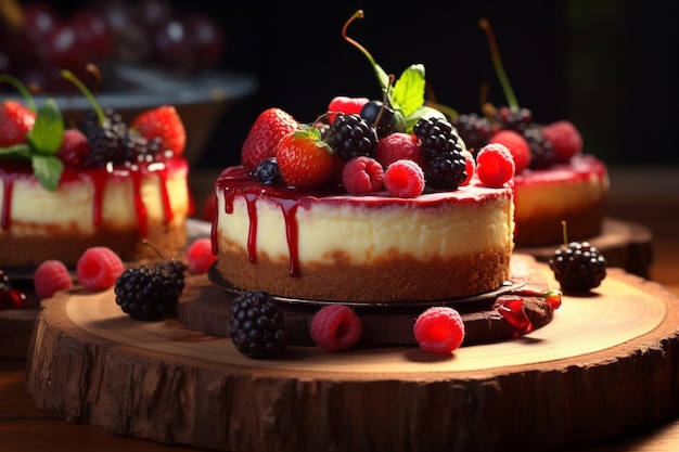 pastel de queso con bayas en un escritorio de madera