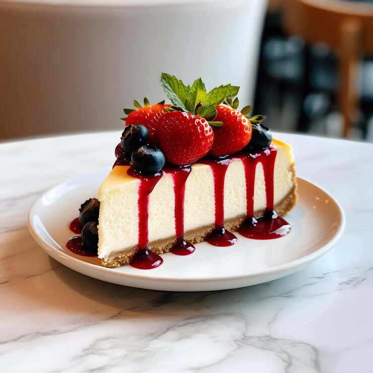 un pastel de queso con bayas y fresas en un plato