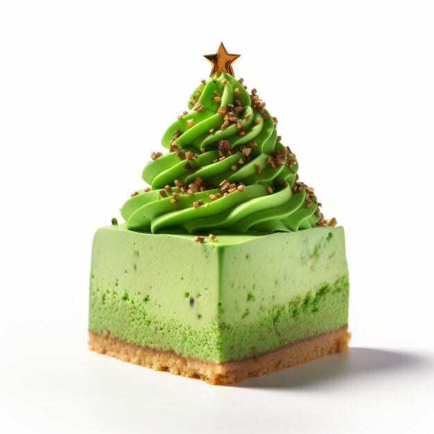 Pastel de queso de calabaza en forma de árbol de Navidad verde con salpicaduras