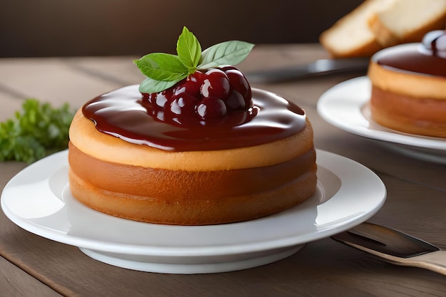 Un pastel de queso con una cereza encima se sienta en un plato.