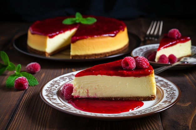 Pastel de queso clásico con frambuesa Coulis Opción de postre elegante