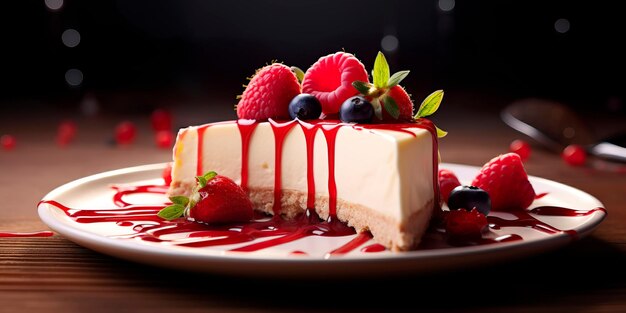 Pastel de queso con crema con salsa de fresa y bayas