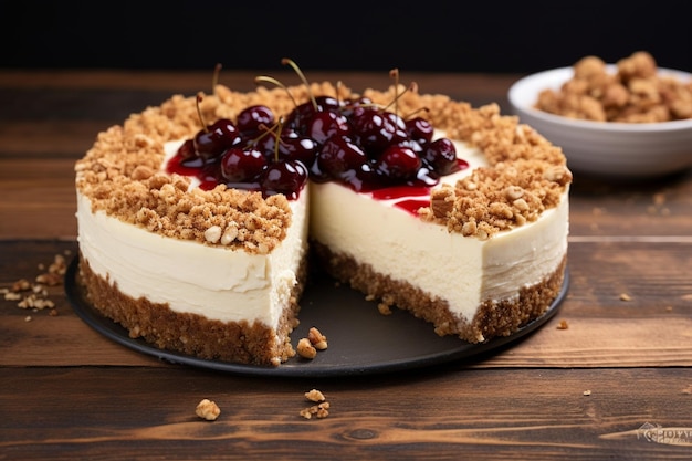 Pastel de queso cremoso con cereza en la tapa de la panadería clásica